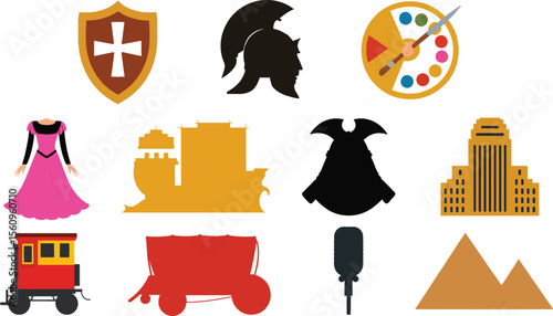 Collection of Colorful Flat Vector Icons Including Shield Helmet Dress Ship Building Pyramids Train Wagon Palette