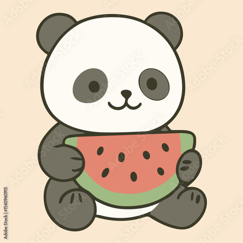 Cute panda character sits holding a large, thick slice of juicy watermelon showing red flesh and black seeds against a plain pastel background.