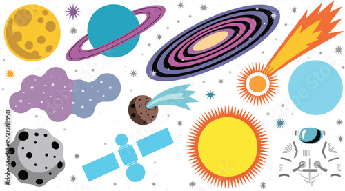 Colorful Space Planets Stars Astronaut Satellite Galaxy Comet Nebula Moon Asteroid Solar System Illustration