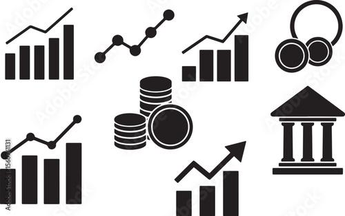 Financial growth charts and bank building icons graph bar chart