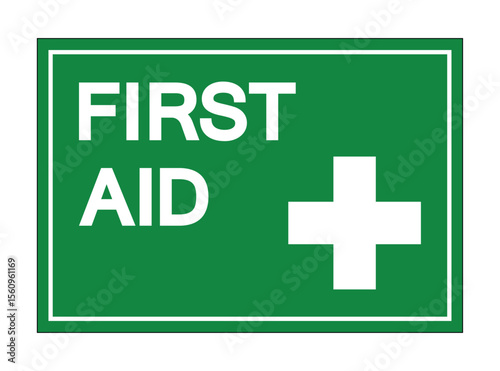 Green First Aid Sign with White Text and Cross for Emergency Situations