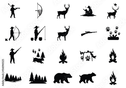 Hunters fishing bears deer trees and campfires hunting