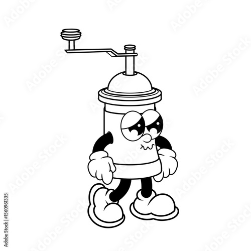 Retro character design of sad coffee grinder outline