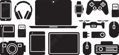 Sleek Black Electronic Devices Collection Smartphone Laptop Tablet Camera Headphones Drone Game Controller U S B