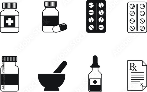 Medical icons including pills capsules bottles and prescription healthcare pharmacy