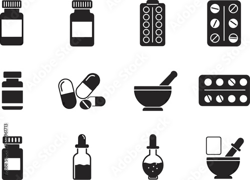 Medical supplies and pharmaceutical icons medicine bottles pills