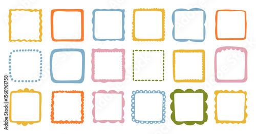 A collection of colorful hand-drawn square frames. Vector decorative borders for scrapbooking, greeting cards, invitations, photo albums, labels, posters, and creative design projects. 