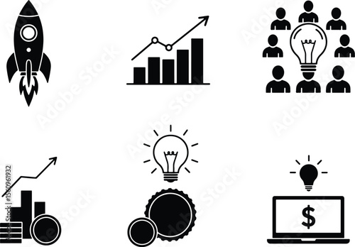 Rocket ship bar graph lightbulb people coins laptop dollar sign launch growth