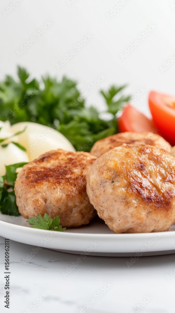 Elegant presentation of grilled minced meat kofta with fresh vegetables for gourmet dining Elegant presentation of grilled minced meat kofta with fresh vegetables for gourmet dining