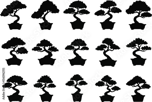 Stylized bonsai trees in pots potted silhouette
