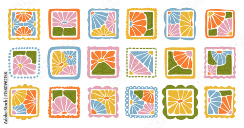 A collection of colorful abstract floral patterns in modern square style. Hand-drawn botanical designs in bold boho style. Perfect for decoration, crafts, textile design, and digital projects.