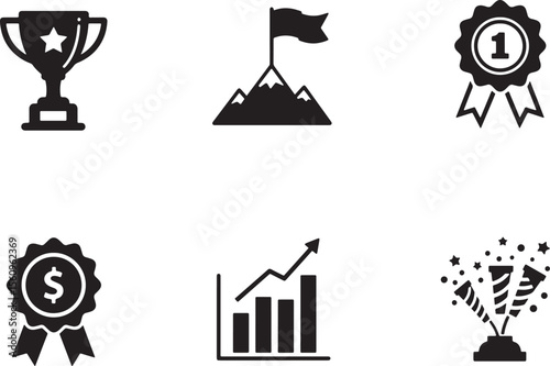 Trophy mountain flag award ribbon dollar sign bar chart confetti poppers star