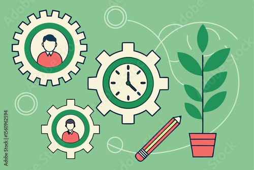 Gears with figures clock pencil and plant on green background