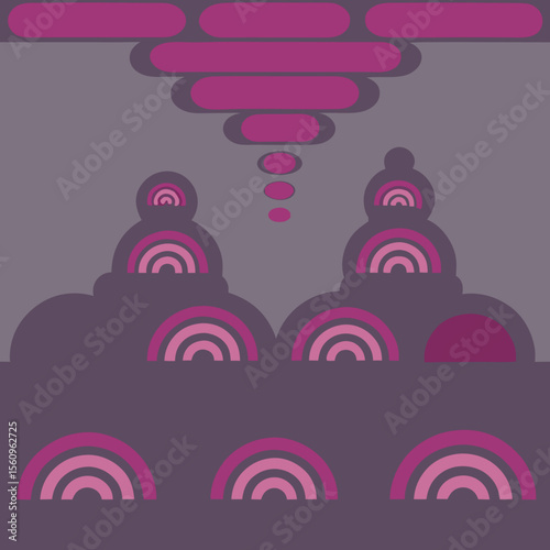 Abstract geometric composition featuring rounded shapes and repeating rainbow arcs