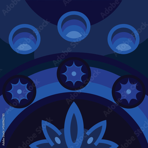 Abstract geometric composition featuring symmetrical shapes and deep shades of blue
