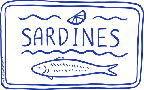 Hand draw sardines tin  vector illustration. Mediterranean fish seafood doodle icon. La dolce vita. Retro style