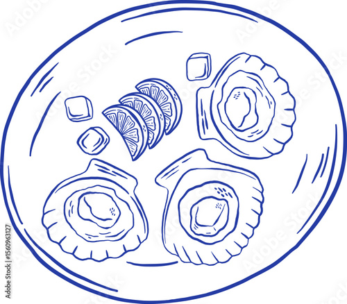 Hand draw scallop, oysters on the plate with lemon vector illustration. Mediterranean seafood doodle icon. La dolce vita. Asian food market