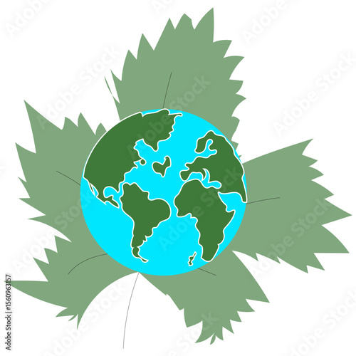 Earth globe illustration. Nature leaves symbol. Green planet ecology. Environmental care Vector.