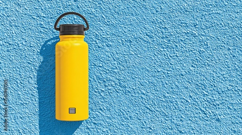 Bright yellow water bottle against a textured light blue background.