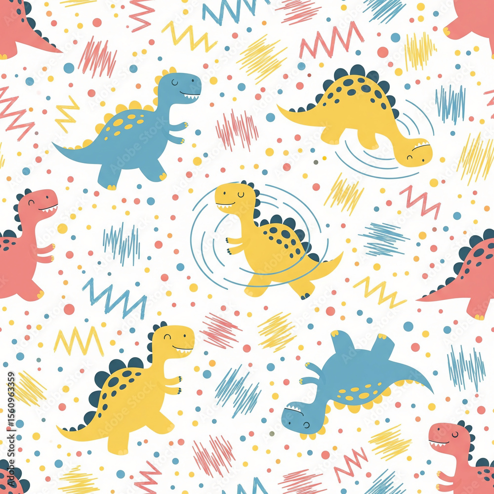 Obraz premium Vibrant Dinosaurs with Crayon Scribbles and Dots in a Lively and Playful Seamless Pattern