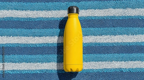 Bright yellow insulated water bottle on a striped beach towel.