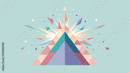 Abstract geometric composition of triangles and bursting elements on a pastel blue surface