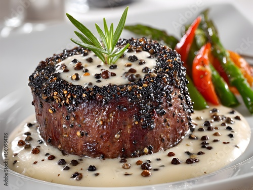 Delicious pepper crusted steak drizzled with creamy sauce and garnished with rosemary sprig on plate.