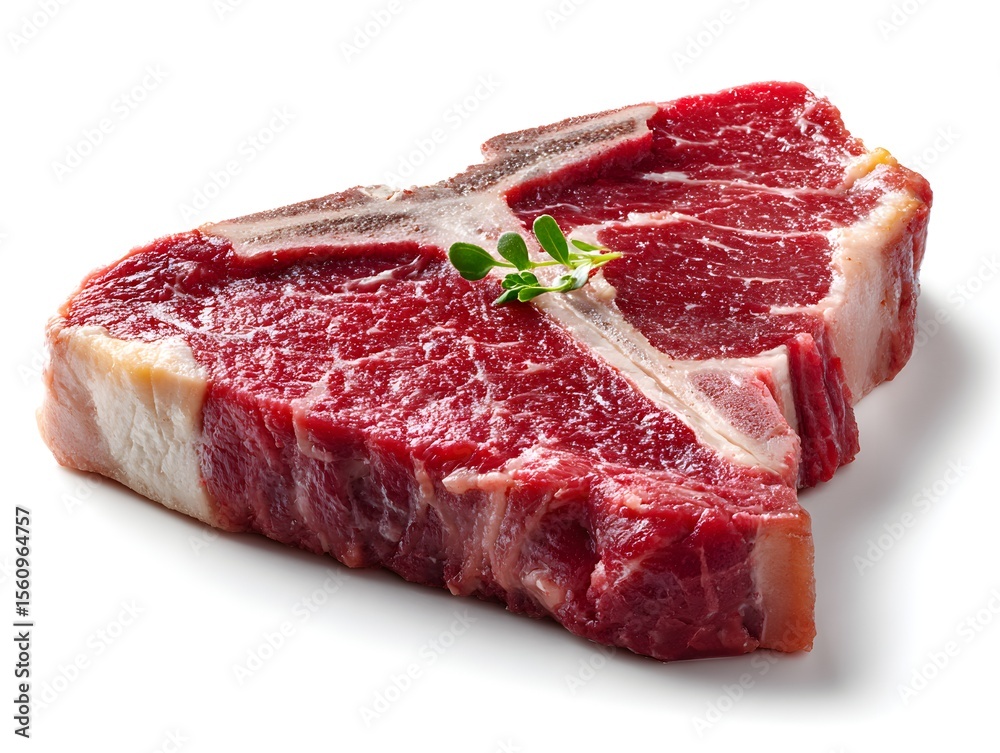 Obraz premium Fresh raw t-bone steak with marbling is displayed on a white surface ready for cooking and grilling now.