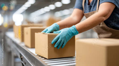 Wallpaper Mural Industrial packaging process: workers handling sealed boxes on conveyor belt in factory Torontodigital.ca