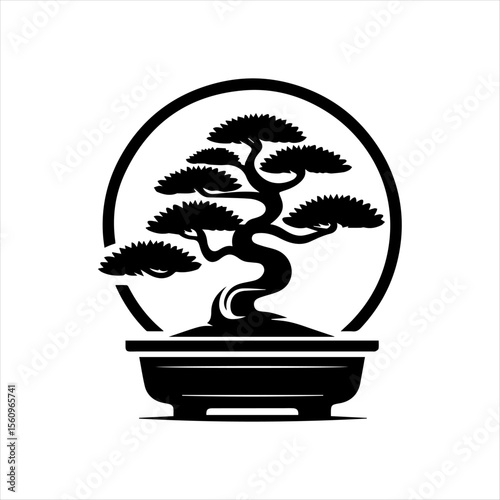 A stylized, minimalist black and white illustration of a bonsai tree in a pot, framed by a circle.