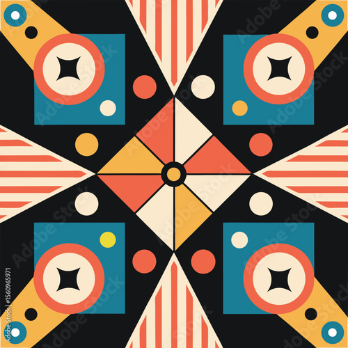 Abstract geometric composition with symmetrical arrangement and retro color palette