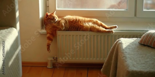 Orange tabby cat lounging comfortably on a radiator near a window in a bright room