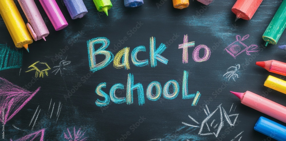 Colorful chalk writing on a blackboard announces back to school season. Colorful chalk writing on a blackboard announces back to school season.