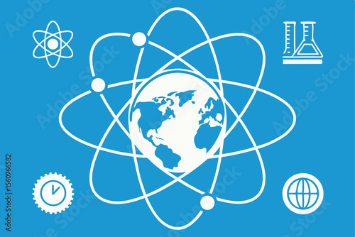 Globe encircled by atom rings and science icons on blue background