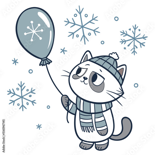 Cute SVG of a Content Grumpy cat in Frosty Winter colors, featuring with a balloon in a Cozy winter setting