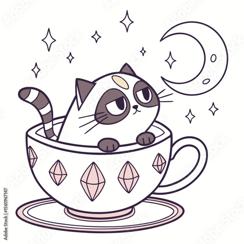 Playful Dreamy Grumpy cat design, styled with in a teacup and Lunar Elegance shades in a Starlight Ball setting