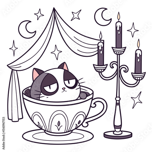 Playful Dreamy Grumpy cat design, styled with in a teacup and Lunar Elegance shades in a Starlight Ball setting