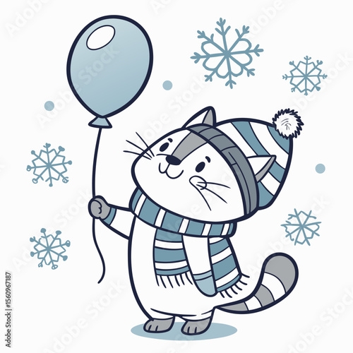 Cute SVG of a Content Grumpy cat in Frosty Winter colors, featuring with a balloon in a Cozy winter setting