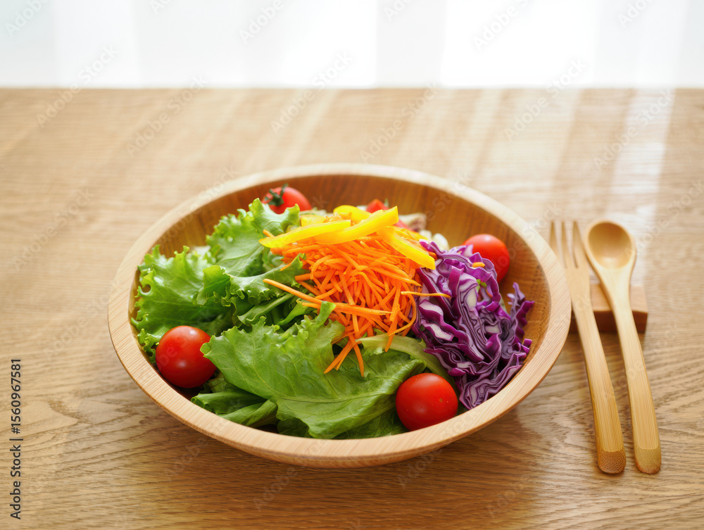 Ensalada, de tomate, lechuga, col y zanahoria, en tazón de bambú, junto a un tenedor y cuchara de bambú. Ensalada, de tomate, lechuga, col y zanahoria, en tazón de bambú, junto a un tenedor y cuchara de bambú.