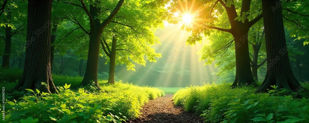 Obraz premium Sunlit Summer Forest Tranquil Green Canopy, Dappled Light Illuminates Lush Foliage and Forest Floor