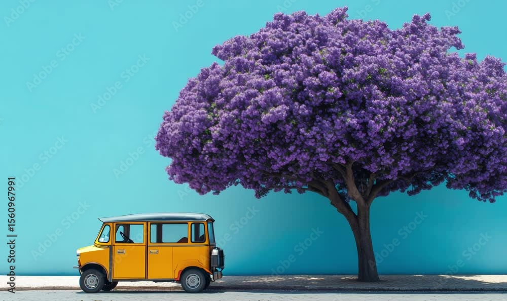 Minimalist image featuring a yellow van parked near a blooming jacaranda tree against a turquoise wall, evoking a sense of summer and travel