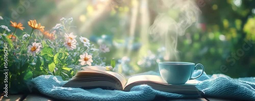 Enjoying a quiet morning with a steaming cup of coffee and an open book in a beautiful garden setting	