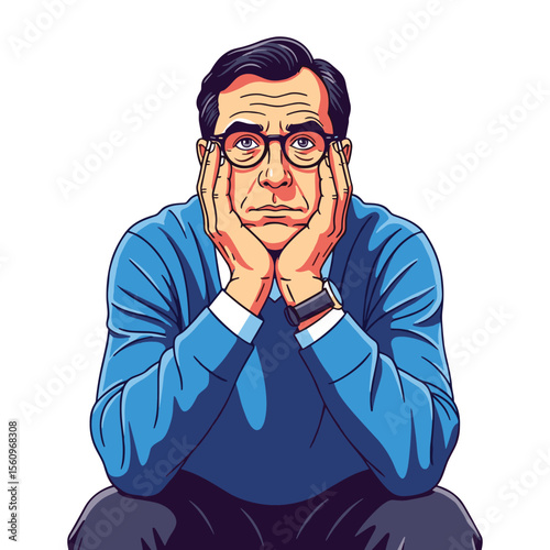 Contemplative Man Cartoon Illustration with Glasses and Watch against white background