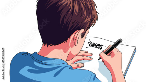 Young Man Writes the Word Gross on Paper with a Pen - Cartoon Illustration Concept Art Style