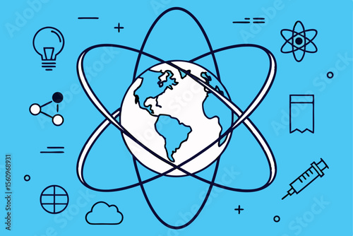 Globe with Atom Rings and Science Icons on Blue Background