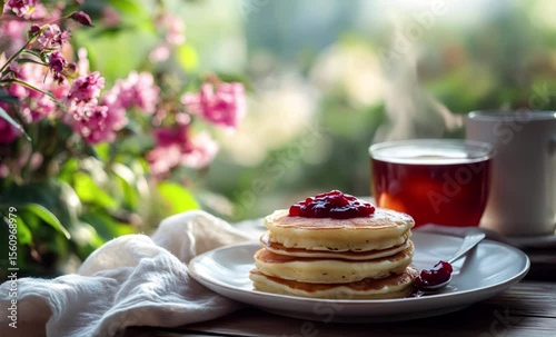 Delicious pancakes with jam and a cup of tea create a perfect spring breakfast on a wooden table outdoors, surrounded by blooming flowers