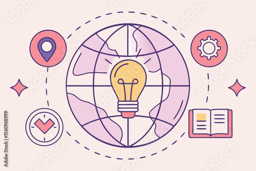 Globe with Lightbulb and Icons Illustration idea knowledge