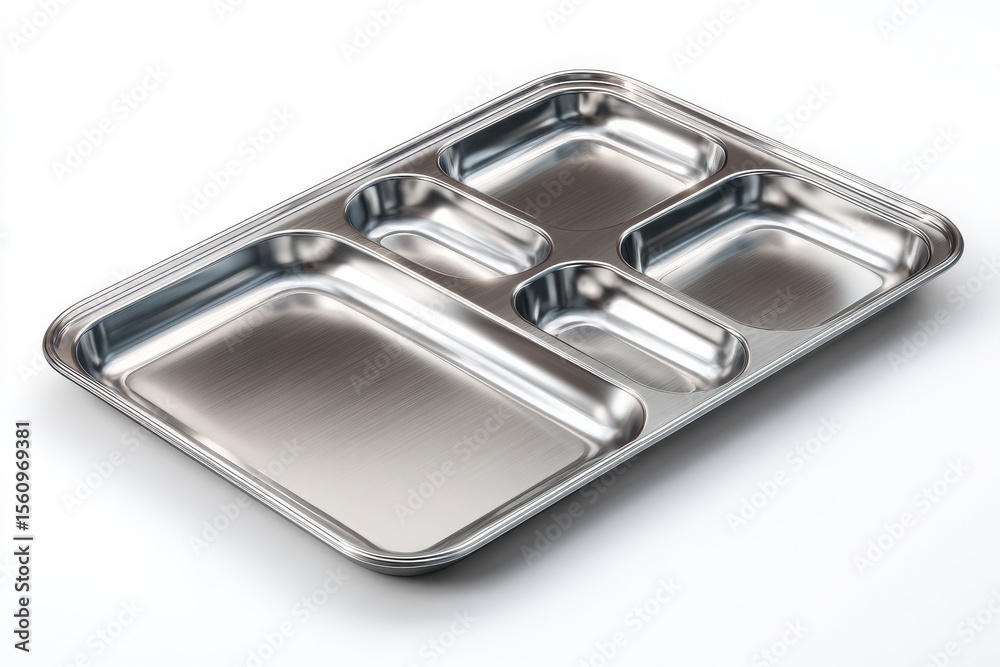 Studio shot of a stainless steel five-compartment food tray, ideal for showcasing catering supplies, restaurant equipment, or food presentation concepts. Studio shot of a stainless steel five-compartment food tray, ideal for showcasing catering supplies, restaurant equipment, or food presentation concepts.