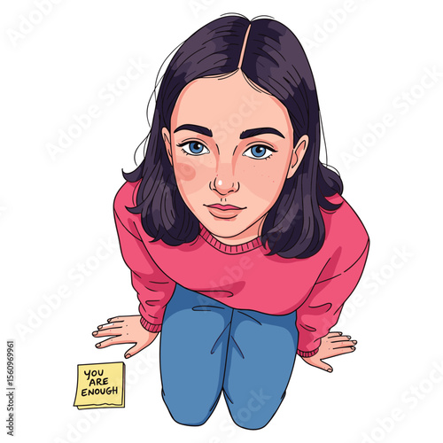 Young woman with blue eyes looks up at the viewer, hand-drawn art illustration