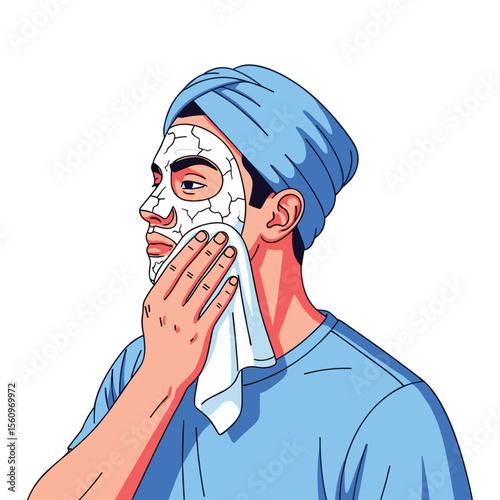 Man Removing Clay Face Mask with Towel in Home Spa Routine Vector Illustration